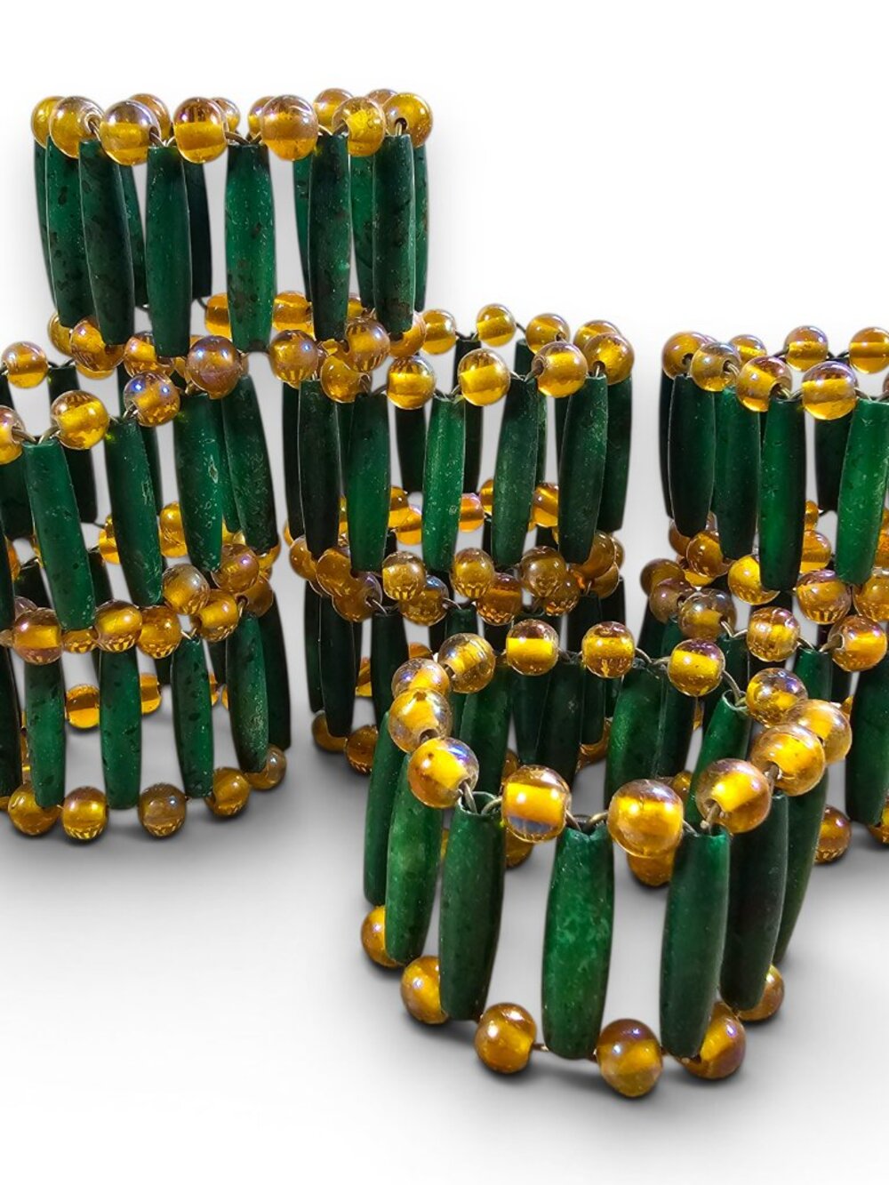 Pier 1 Beaded Napkin Rings Set of 8 Green Yellow Amber Boho Grandma